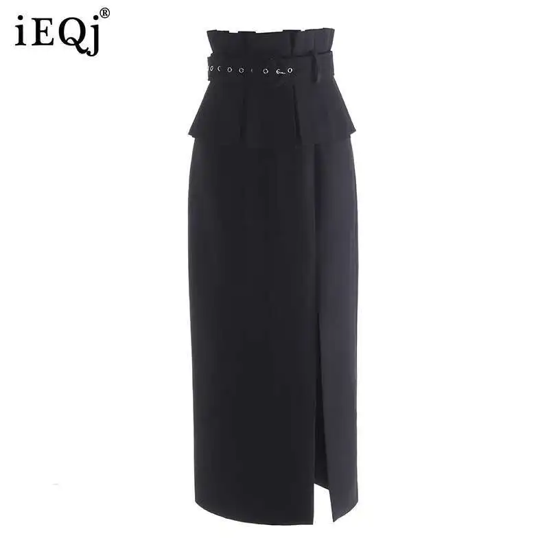 IEQJ 2025 primavera nuevo cinturón ancho con volantes decoración mujer media falda Color sólido recto cintura alta faldas largas Mujer 3QW0093