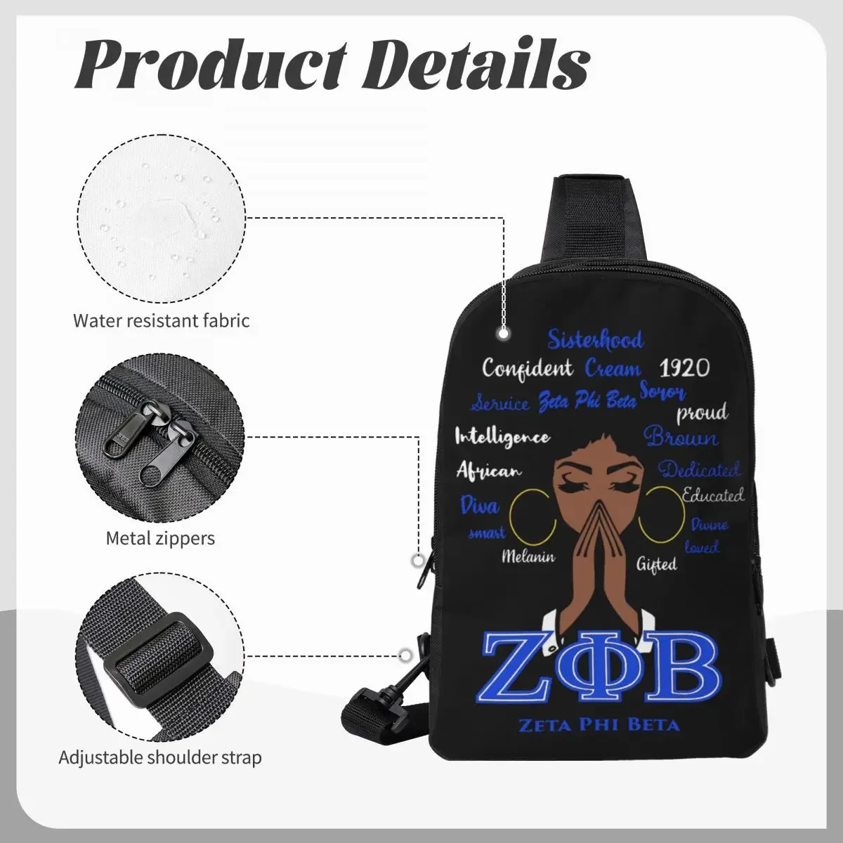 Zeta Phi Beta ZPB Sorority Crossbody Sling Backpack Shoulder Sling Chest Bag Adjustable Travel Hiking Daypack Outdoor Women Men