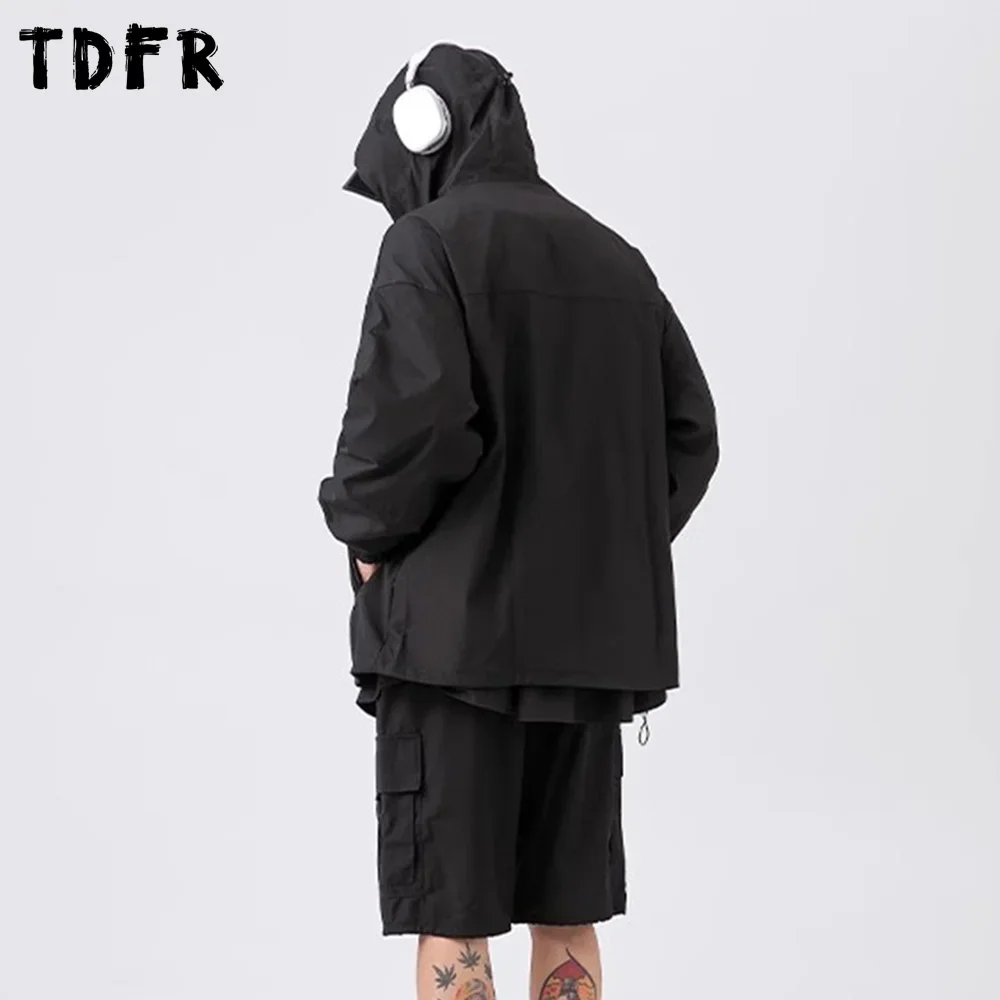 Letter Print Hooded Sweatshirts Mens Zipper Fly Pocket Safari Style Spring Long Sleeve Loose Drawstring Hem Jacket Men