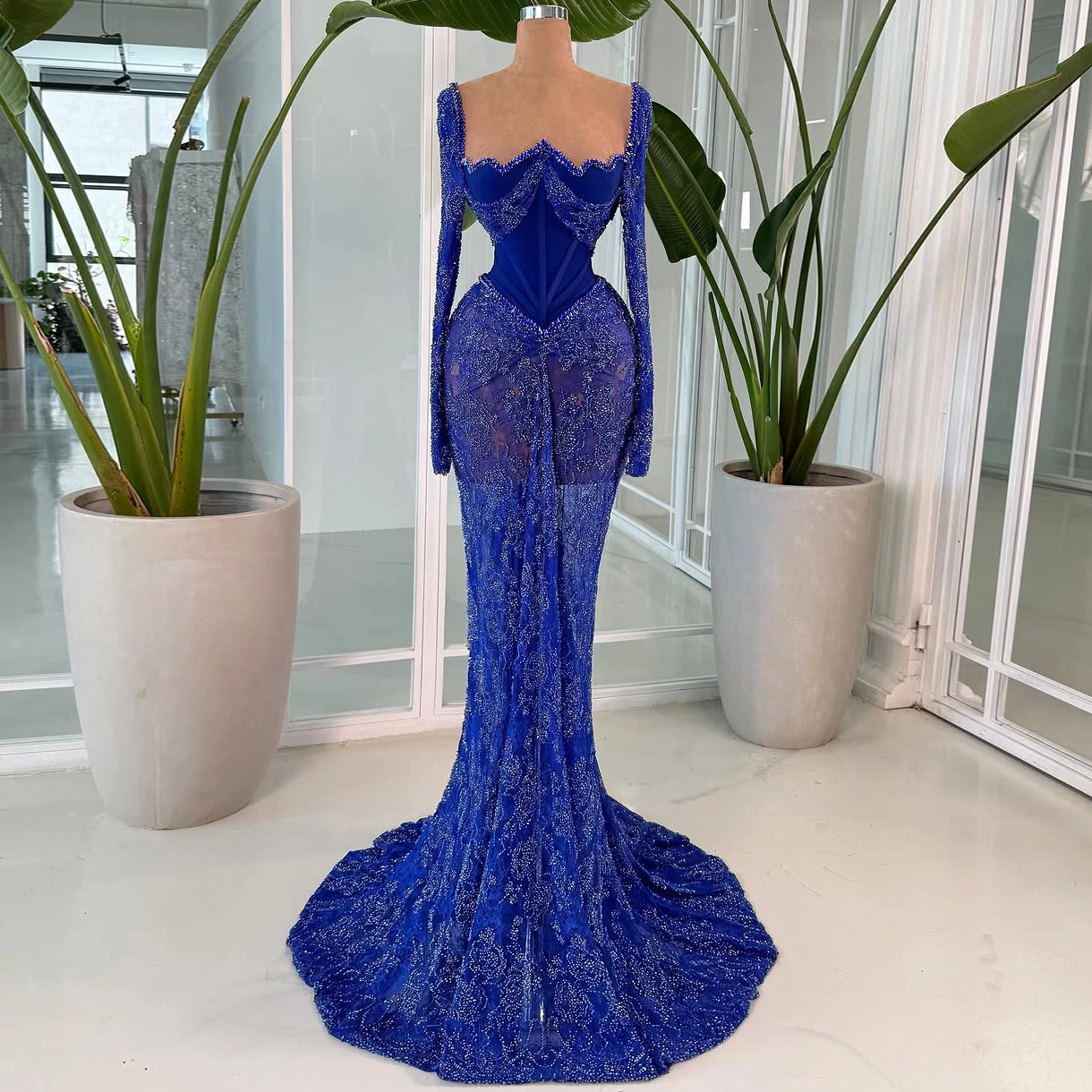 Abendkleid 2025, mit Kristallen, einer Schulter, langen Ärmeln, Spitze, Fischschwanzkleid, bodenlang, tiefblaue Ballkleider
