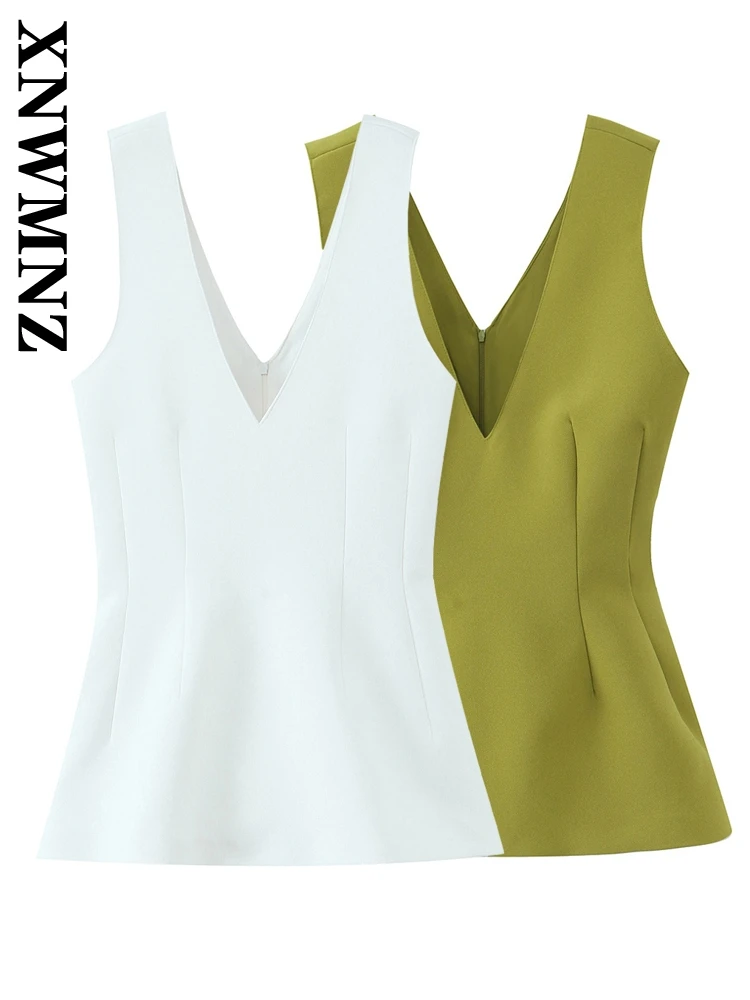 

XNWMNZ 2025 Summer New Lady Sexy Sleeveless Vest Blouses Trendy Female Solid Color V-Collar Top Ruffles Regular Fit zipper Thin
