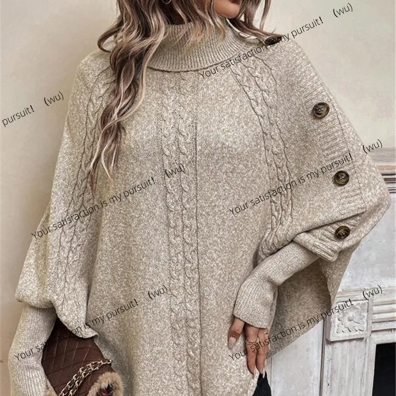 

ZOCI-New autumn and winter women's clothing twisted turtleneck button bat sleeve design street style personalized sweater