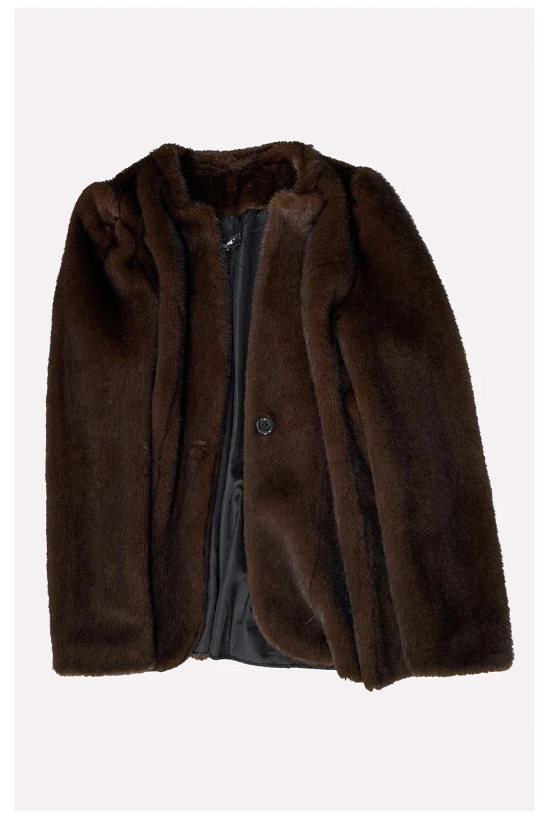 Nerazzurri Winter Short Brown Thick Warm Soft Fitted Faux Mink Fur Coat Women Single Button Elegant Luxury Chic Fluffy Jacket