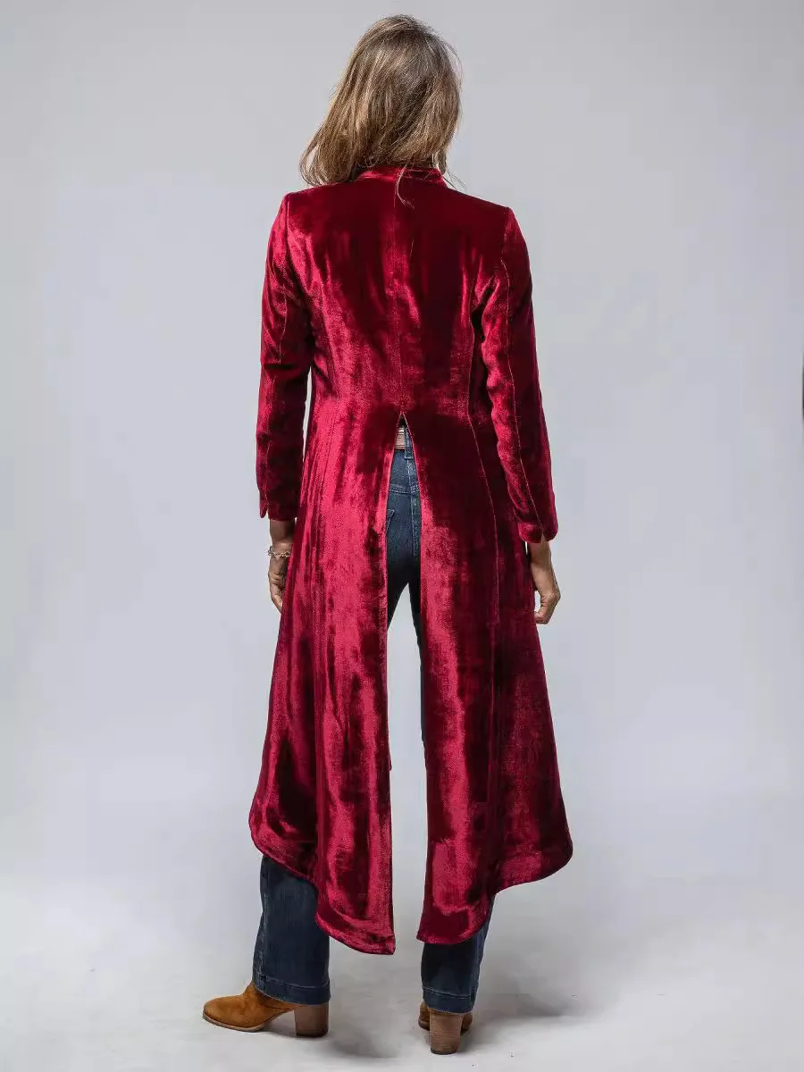 2024 new European and American velvet long cardigan solid color retro split coat windbreaker loose coat