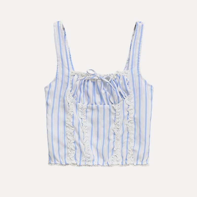 

2025 Summer New Women's Sle Lace Splicing Vertical Stripes Strap Top Polyester Fiber 00% Z Brand Svel Vest