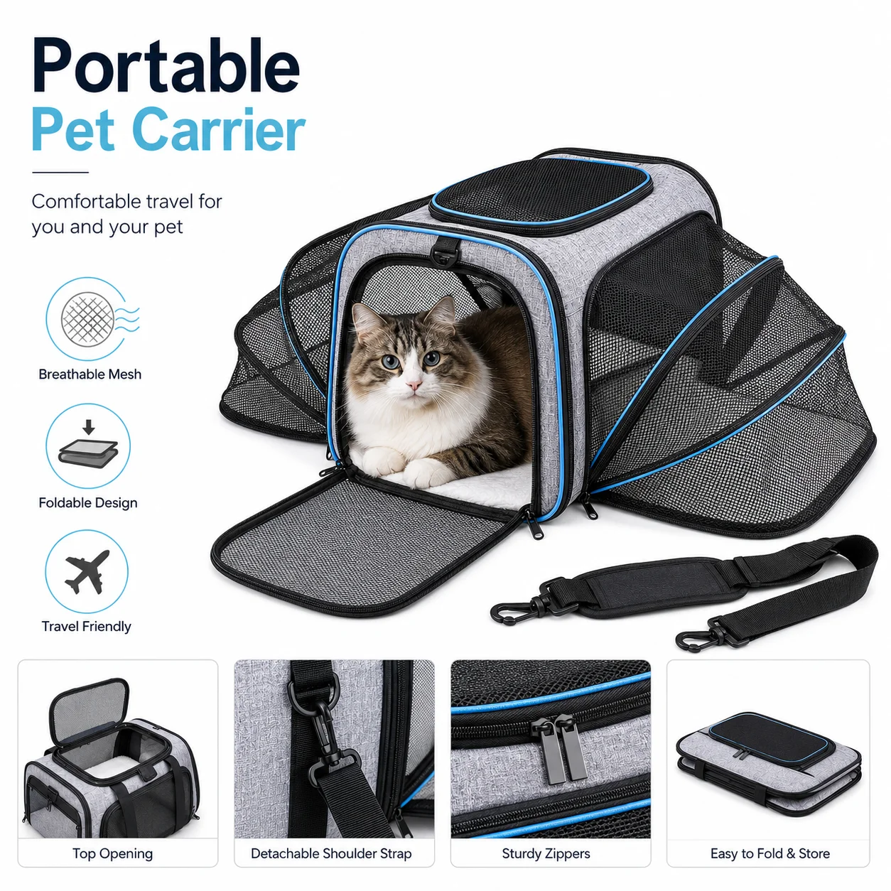 

Expandable Pet Carrier Bag for Cats Small Dogs, Soft Sided Travel Cat Carrier with Breathable Mesh, Foldable Puppy Bag