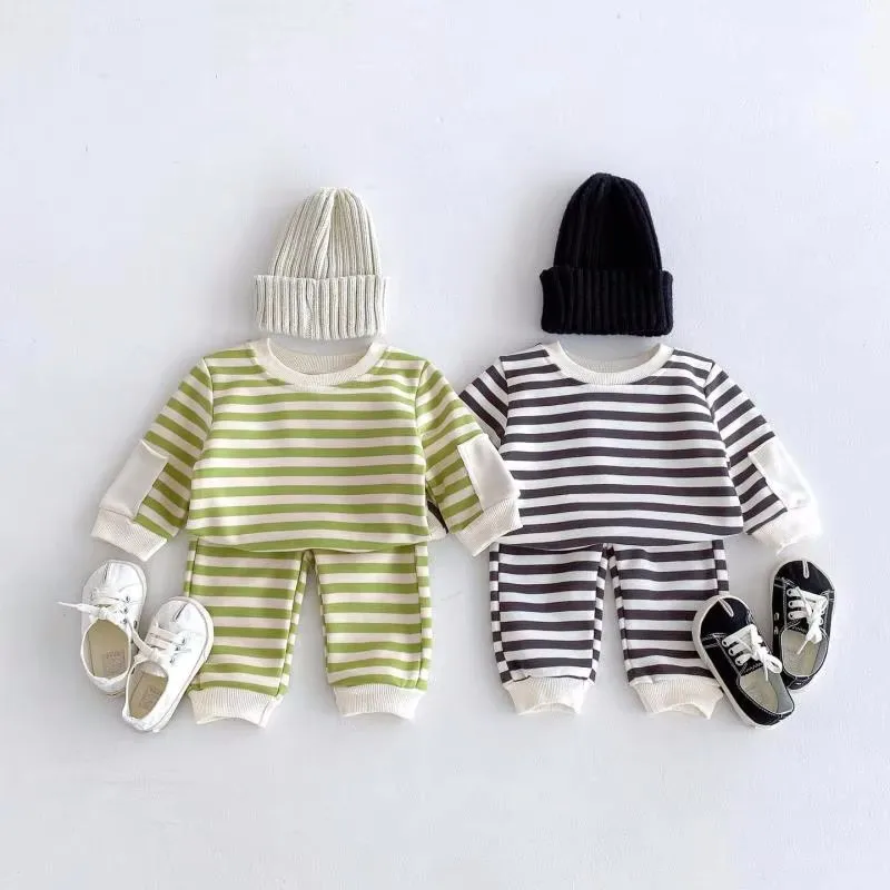 Infant Boy Girl Sweatshirt + Pants 2pcs Suit Kids Toddler Striped Casual Outfits 2025 Autumn New Baby Long Sleeve Clothes Set