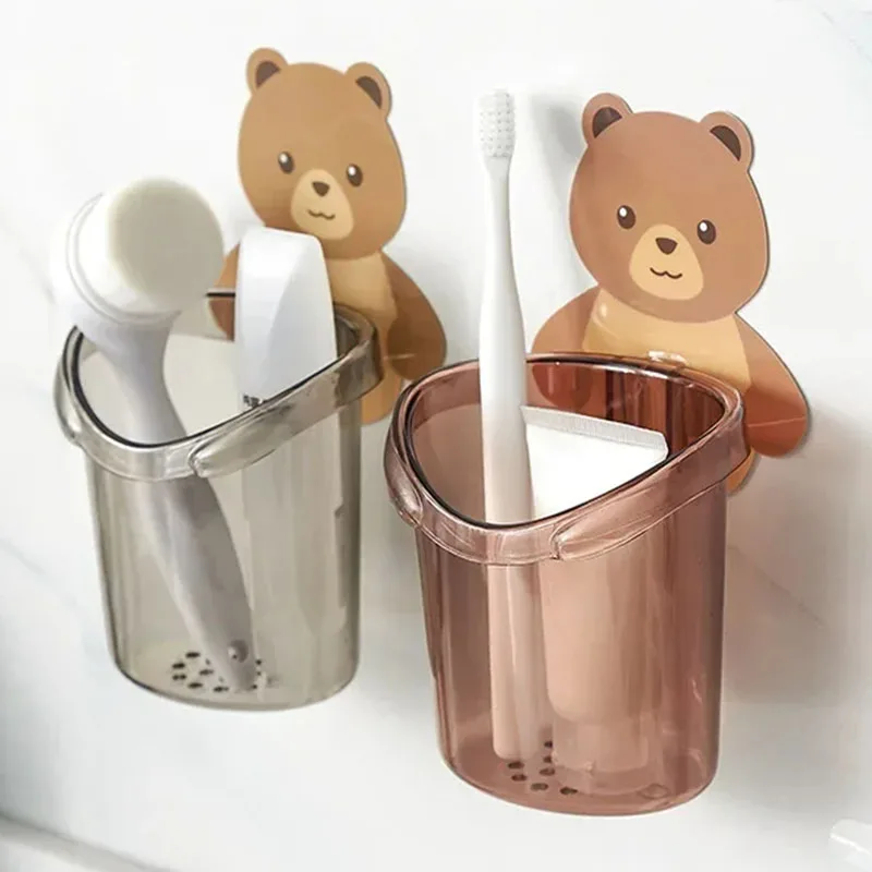 

Cute Bear Pattern Toothbrush Hanging Rack Wall Mounted Toothbrush Toothpaste Storage Cup Bathroom Container Organizer Drain Rack