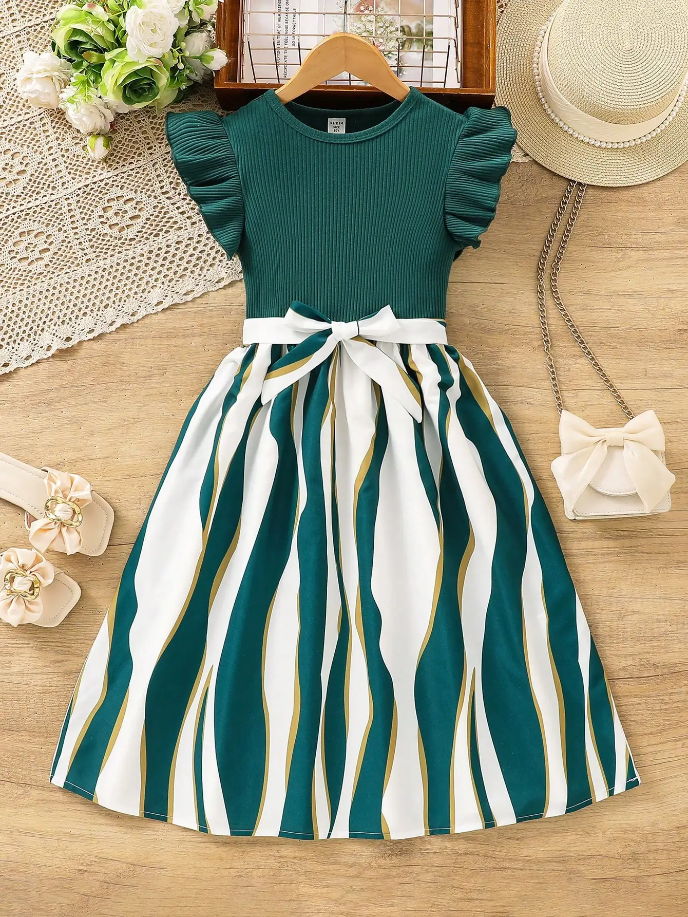 

Girls Green Ribbed Top with Striped Skirt and Bow Waistband Dress