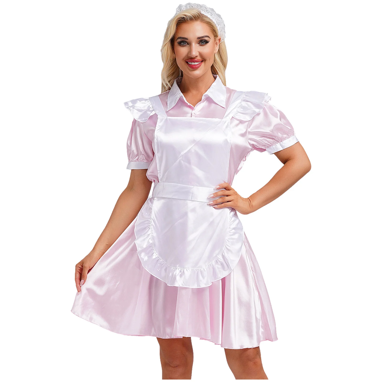 

Womens French Maid Cosplay Costume Puff Sleeve Satin Dress with Apron Headband Maid Servant Dress Up Role Play Party Clubwear
