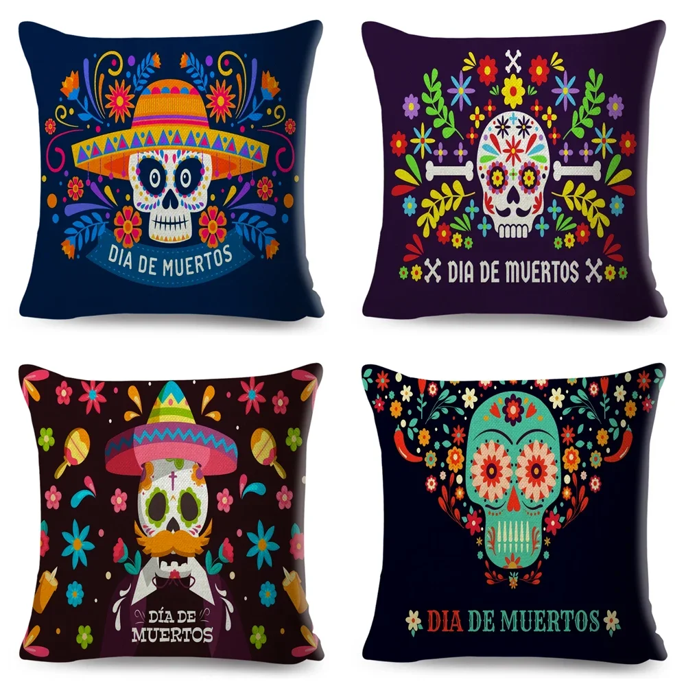 Day Of The Dead Pillowcase Decor Cartoon Mexico Flower Skull Print Cushion Cover for Sofa Home Polyester Pillow Case 45x45cm