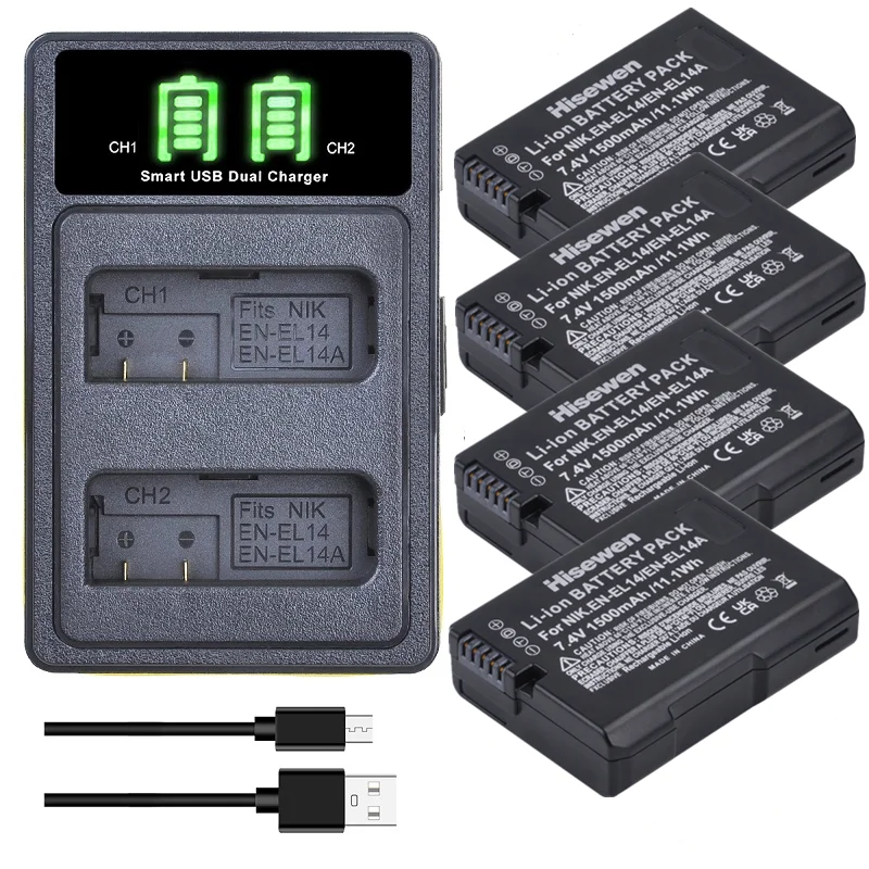 

1500mAh EN-EL14 EN-EL14A ENEL14 Battery for Nikon D3100 D3200 D3300 D3400 D3500 D5600 D5100 D5200 P7000+LCD USB Dual Charger