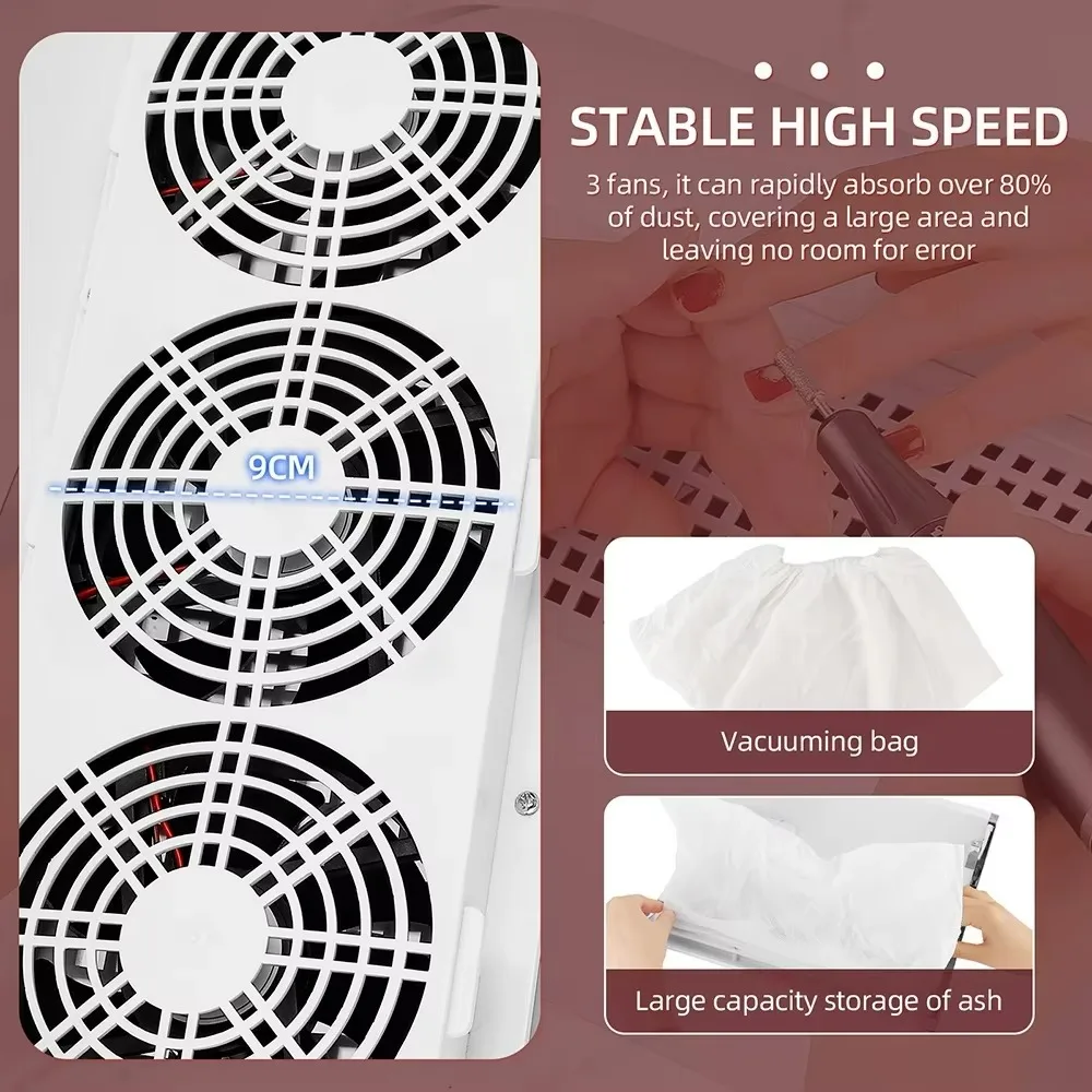 3 Fans Powerful Nail Dust Collector High Suction Professional Nail Vacuum Cleaner 2-Hands Nail Dust Extractor For Nail Salon