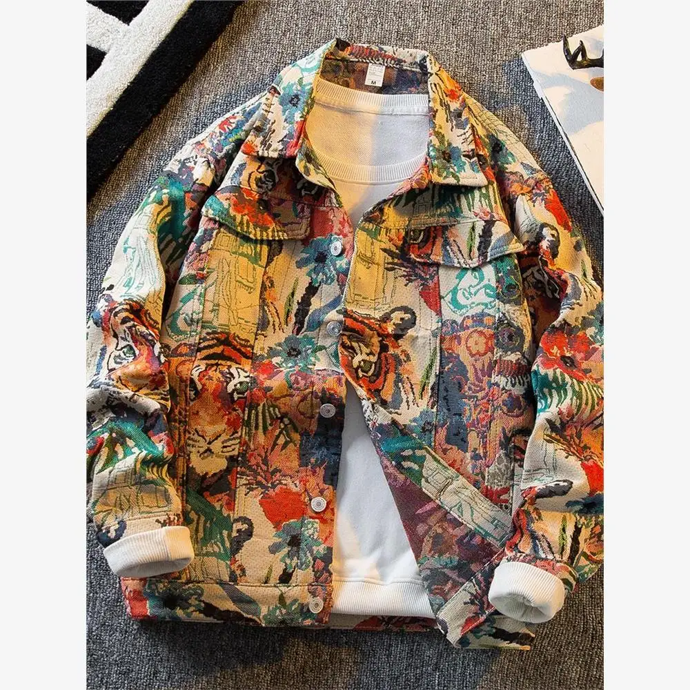 

Trendy Tiger Embroidered Denim Jaet Men's Spring Autumn Casual Sle ort Length V-Ne Svel Coat for Middle-Aged An...