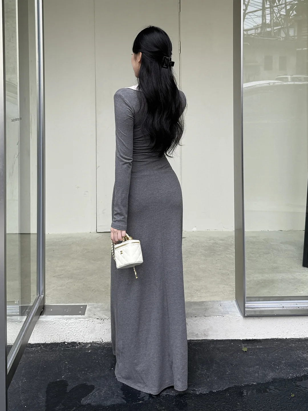 Women's Autumn Casual Long-sleeve T-shirt Midi Dress Gray Fake Two-piece Polo-collar Long-dreses Korean Simple Trendy Apparel