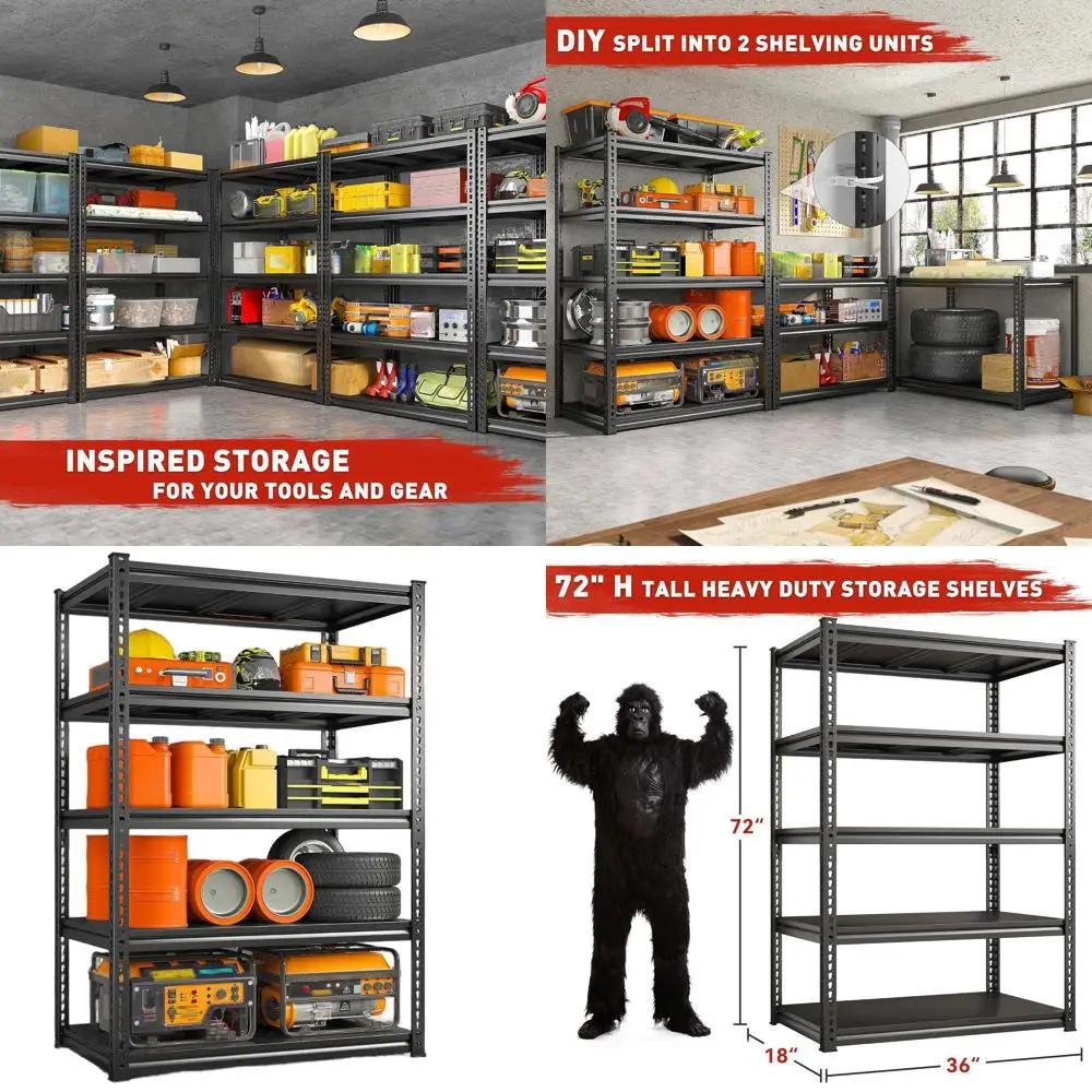 

5-Tier Heavy-Duty Adjustable Metal Shelving, 72H x 36W x 18D, 2500 lbs Capacity, Ideal for Garage, Warehouse, Pantry.