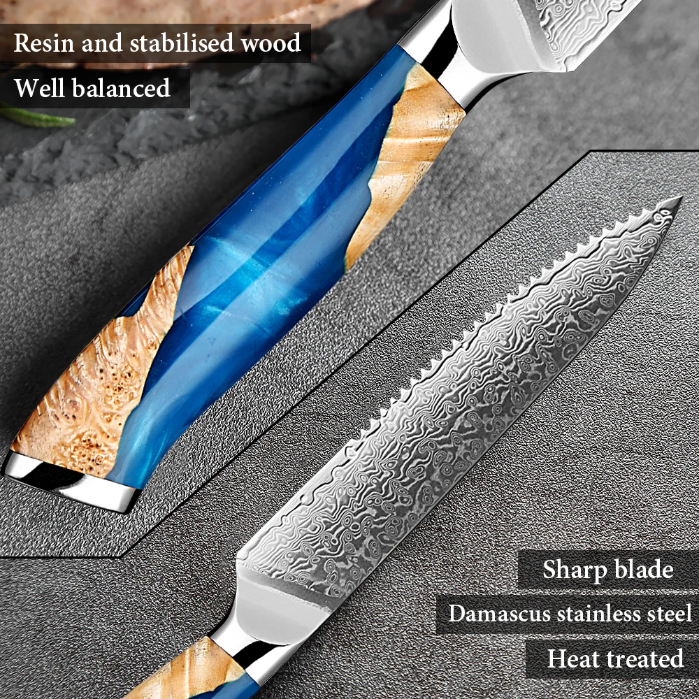 Steak Knives, Sharp Serrated Steak Knife Set 5 Inch Damascus Steel Steak Knife Set,Pro Straight Edge Kitchen Table Dinner Knives