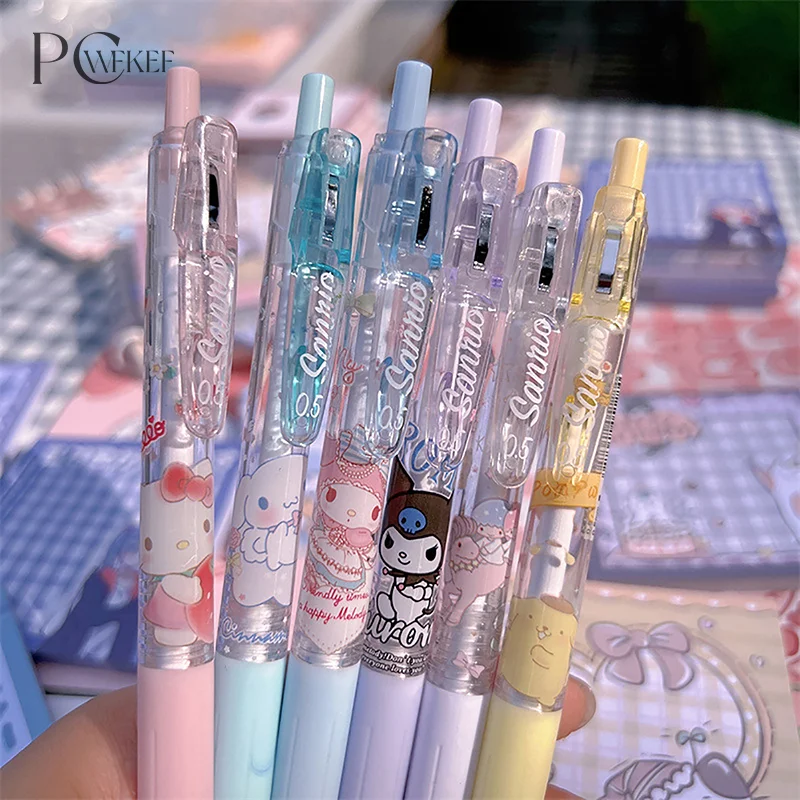 Sanrio Anime Neutro Caneta, Kawaii Mymelody Kuromi Pachacco, Cartoon Press Pen, Crianças Papelaria Presente, Material Escolar, 6Pcs