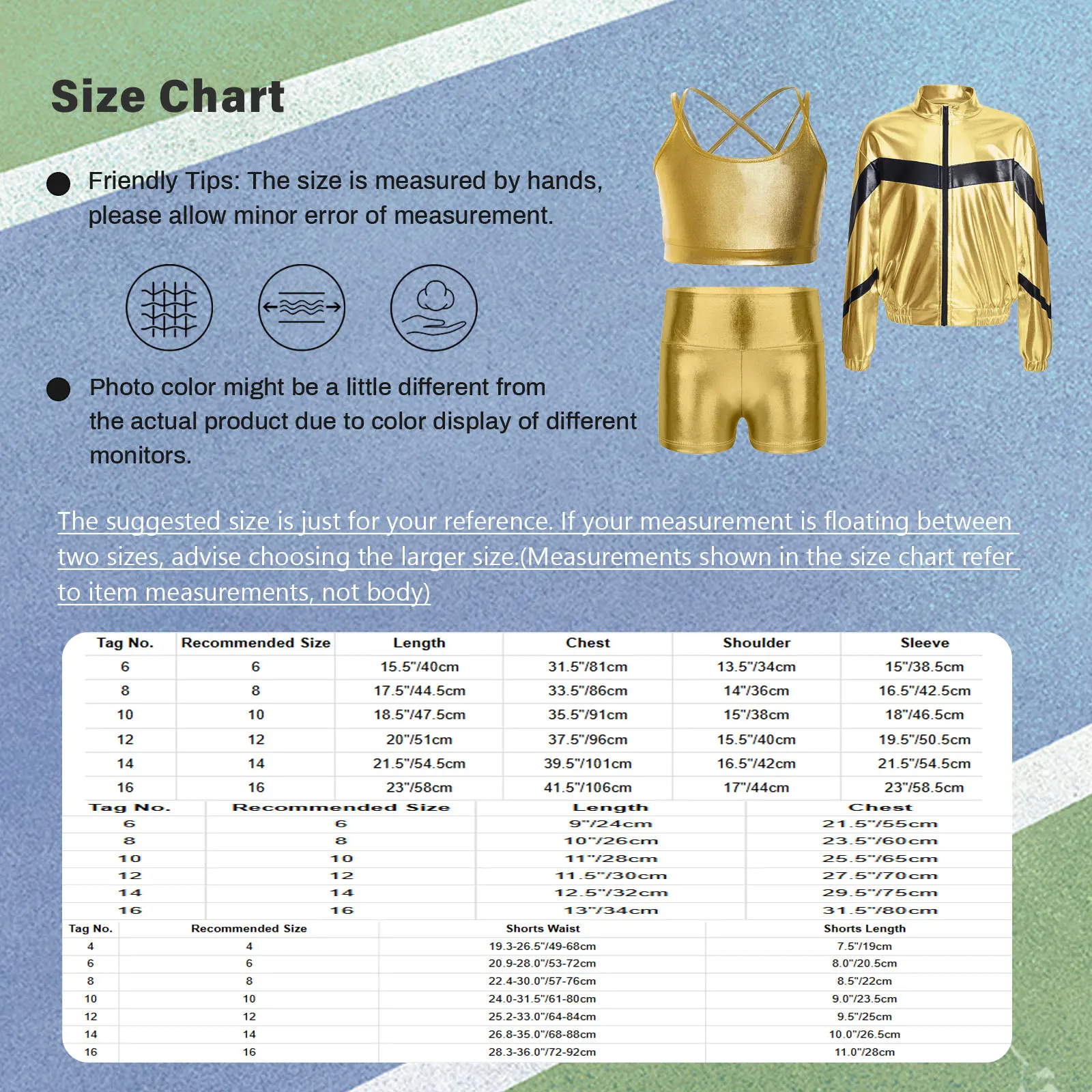 3Pcs Kids Girls Jazz Dance Hip-Hop Street Modern Dance Sports Outfit Long Sleeve Metallic Zipper Jacket with Camisole And Shorts