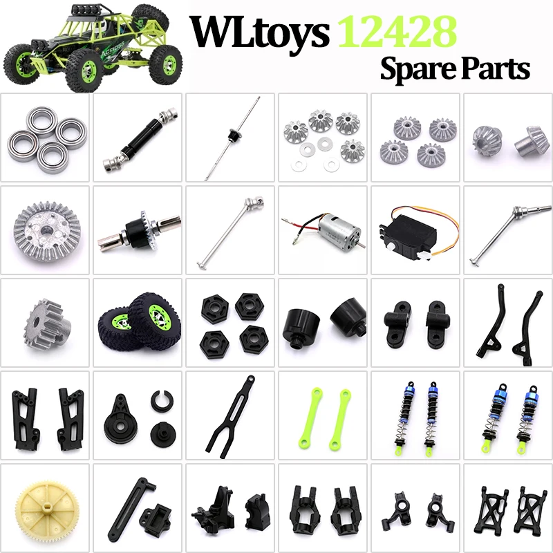 Peças de Reposição WLtoys 12428: Braço Oscilante, Servo, Motor, Amortecedor, Copo de Direção, Haste de Tração, Eixo de Transmissão, Engrenagem, Diferencial, Pneu