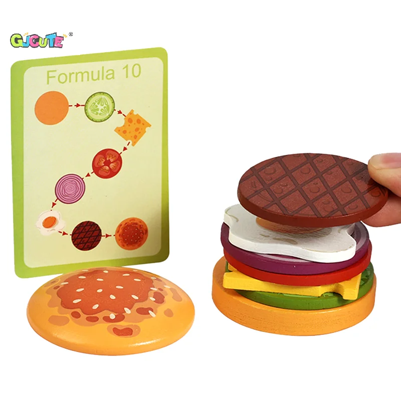 Wooden Hamburg Sandwich Stacking Toys For Toddlers And Kids Montessori Preschool Educational Toys Fine Motor Skill Kitchen Toy
