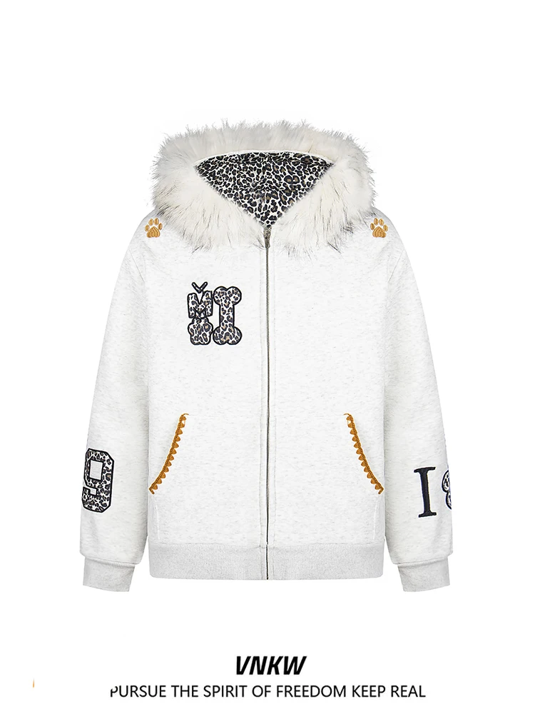 

Хлопковое дэт с капюшоном и американским леопардовым принтом в стиле ретро, тепе свободное хлопковое пальто на молнии с подкладкой Fce для пар