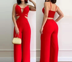 Women's Jumpsuit Cutout 2024 Summer Shirred Open Back Spaghetti Strap Plunge Sleeveless Fashion High Waist Casual Long Jump Suit