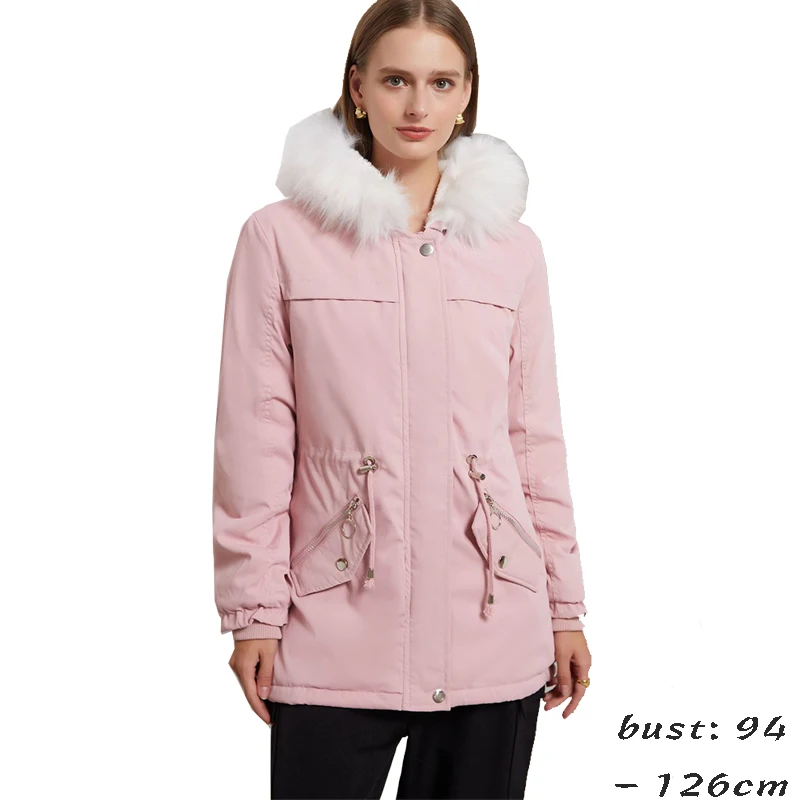 High quality faux fur hooded trench coat for women big size plush lining new winter 2023 casual clothes - black pink green