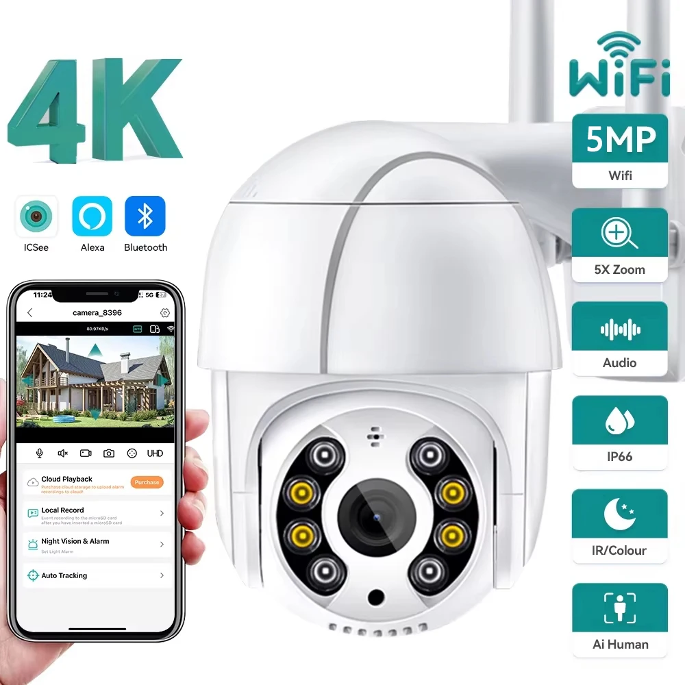 5MP Mini PTZ Outdoor Wifi Camera Auto Tracking ONVIF Wireless IP Camera 5xDigital Zoom AI Human Detection Color Nightvsion ICSEE