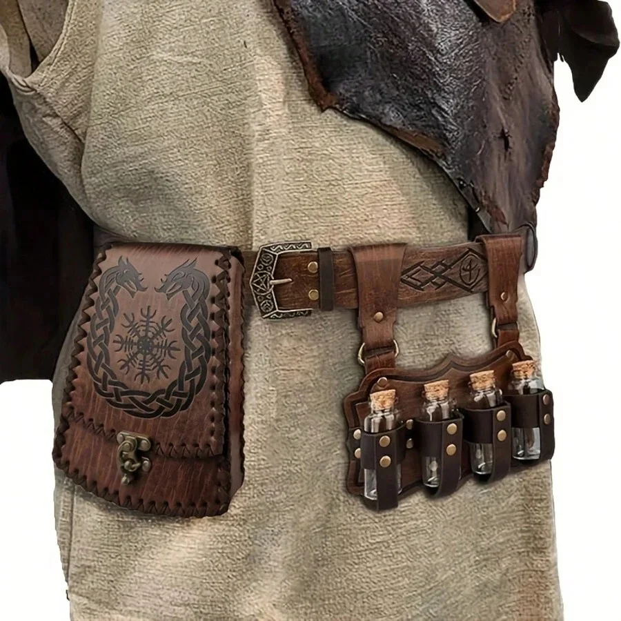 Adjustable Medieval Viking PU Belt and Waist Pouch Set Western Cowboy Accessories Alchemy Potion Bottles Party Cosplay Props