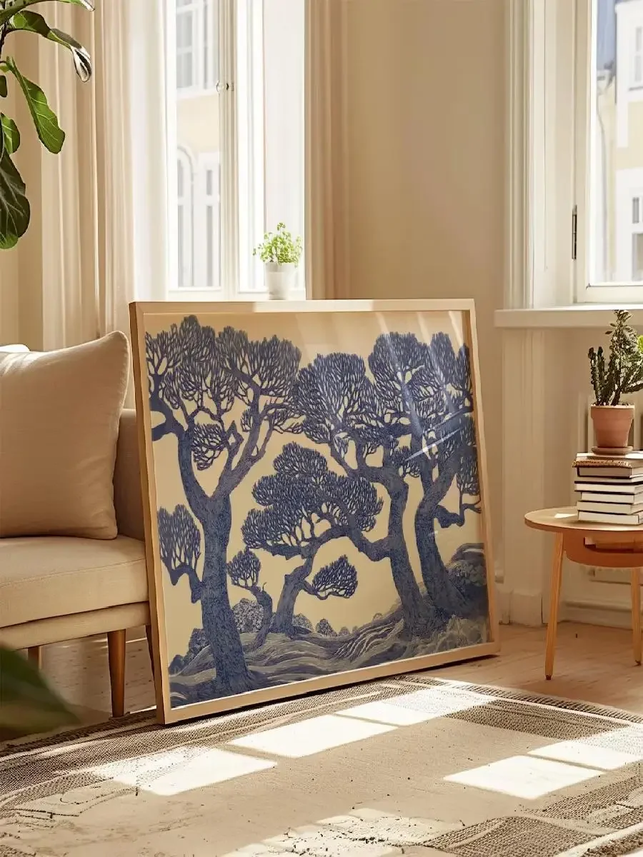 Vintage Oak Tree Linocut Print Forest Wall Art Blue Woodland Landscape Painting Botanical Poster with Unique Animal Design