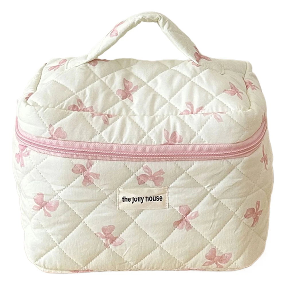 Cute Bow Travel Makeup Pouch with Zipper Toiletry Bag Cotton Quilted Makeup Organizer Storage Bag for Women and Girls