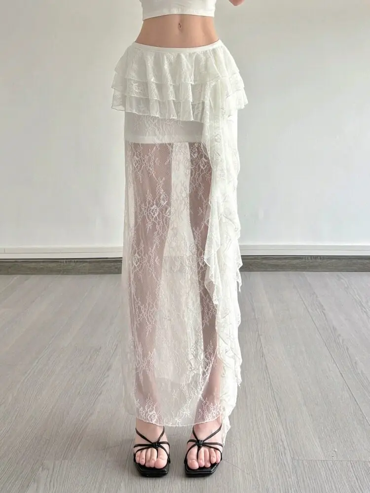Women Sexy Sheer Ruffle Lace Maxi Skirt, Fashion Versatile Fake Two-Piece Tiered Long Skirt