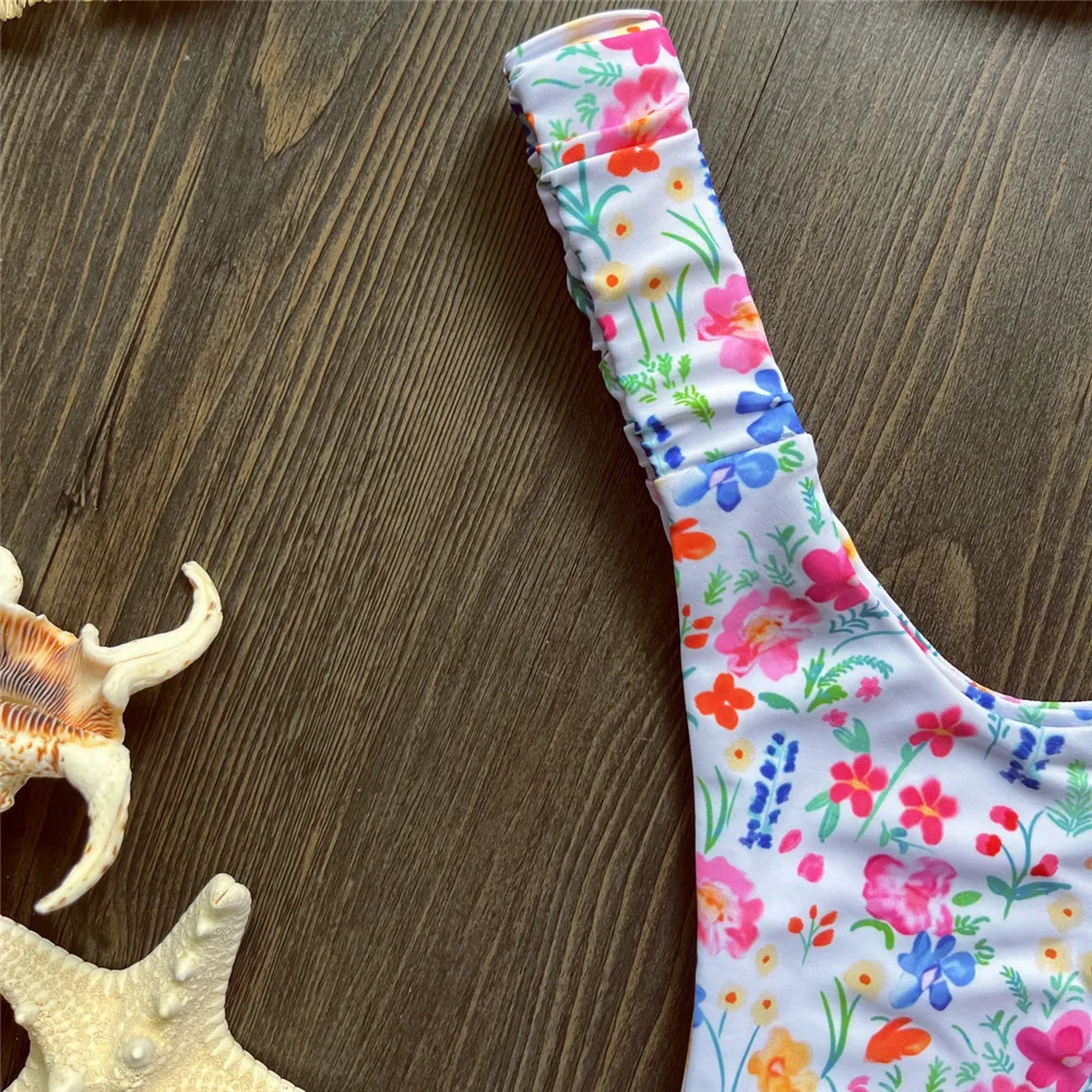 Sexy Floral Print Bandeau Bikinis Sets Woman Swimsuit 2025 Ring Ruched Back Knotted Swimwear High Cut Bathing Suit Bikini Dames