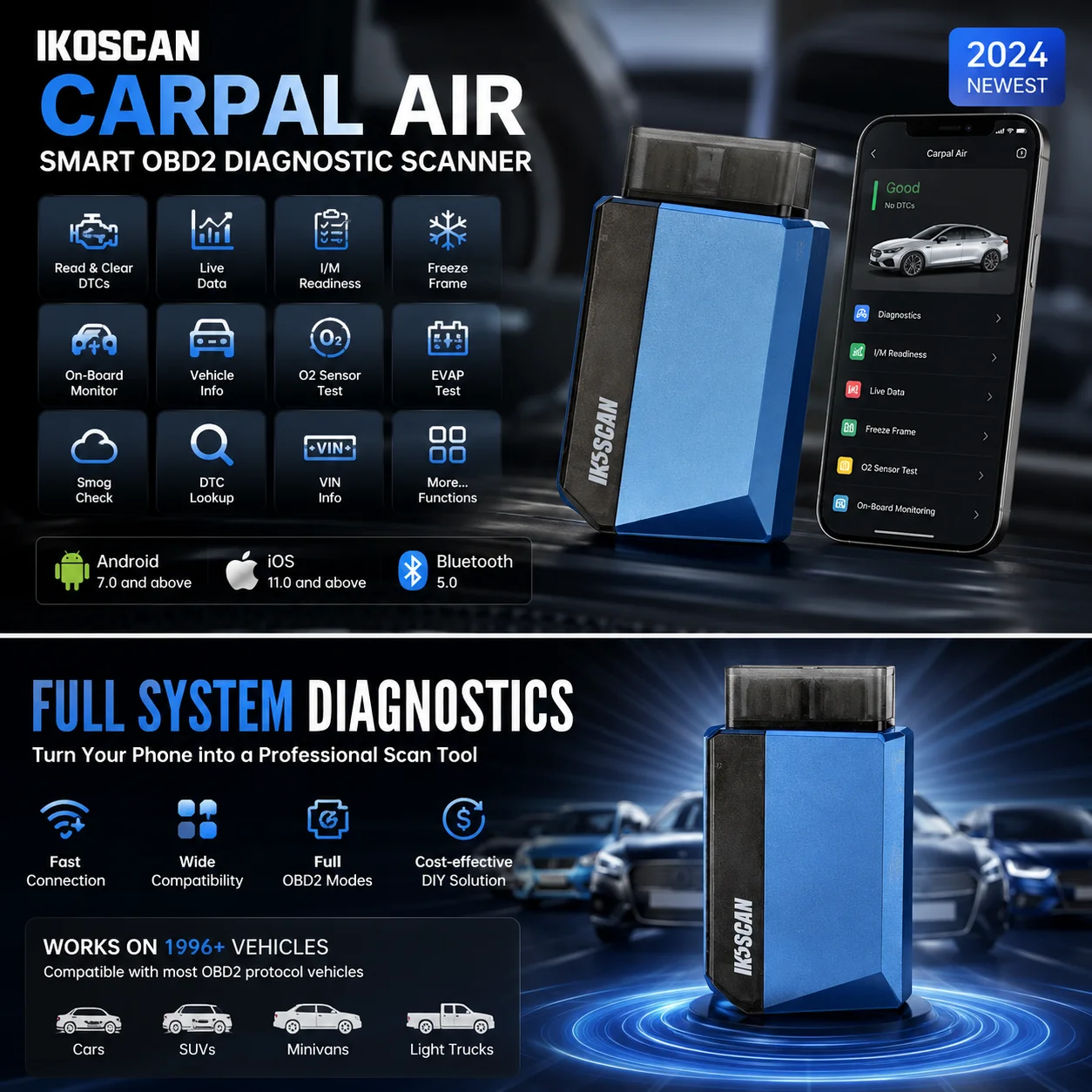 IKOSCAN Carpal Air OBD2 Scanner All System Diagnostic Tool Bluetooth for iOS Android Universal Car Fault Code Reader Car Mainten