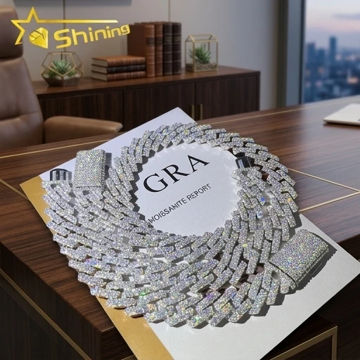 

15mm 2 Rows Iced Out VVS1 D Color Moissanite Cuban Chain Hip Hop Bling Necklace Jewelry
