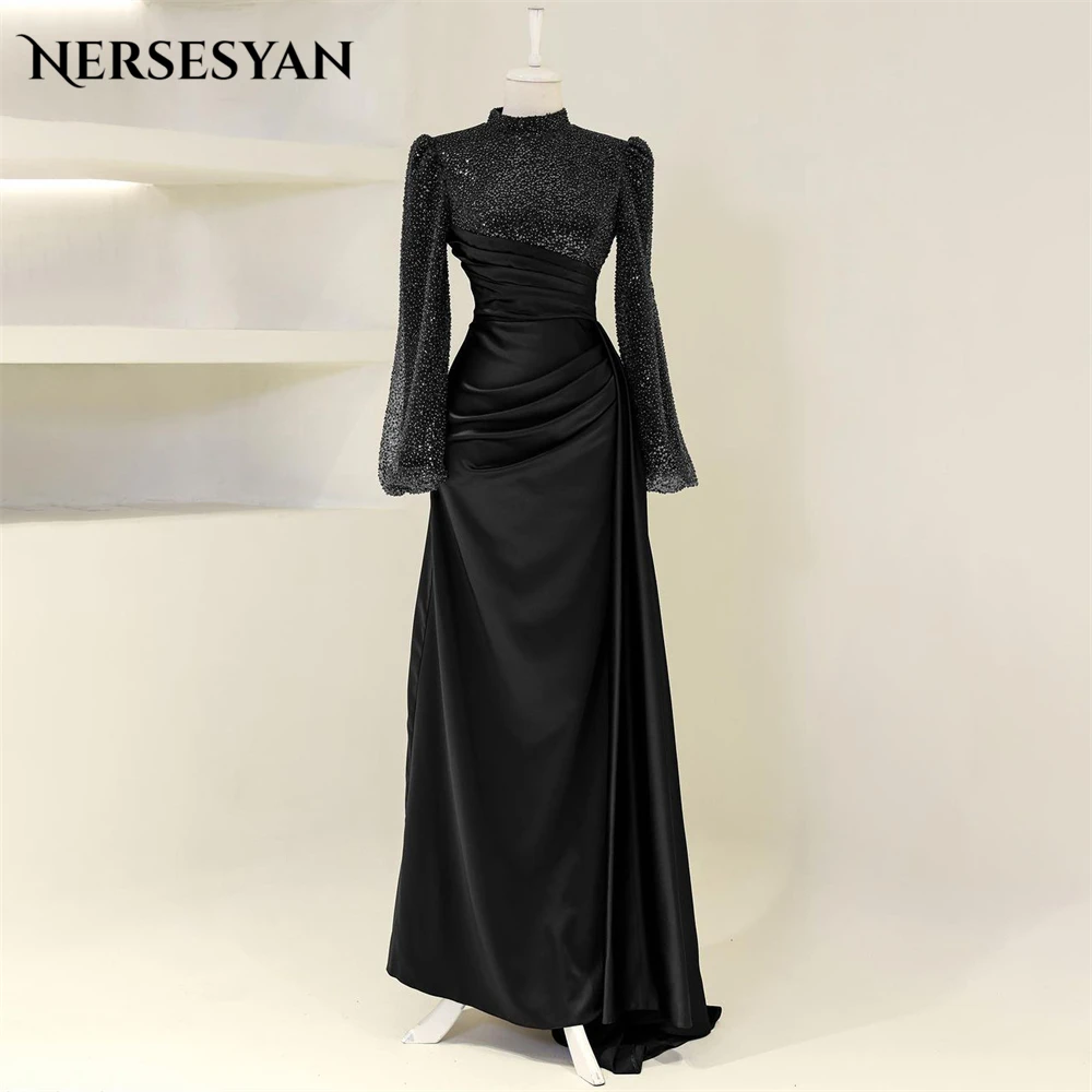 Nersesyan Glitter Solid Formal Evening Dresses High Neck Pleats Lantern Sleeves Prom Dresss Dubai Sparkly Wedding Party Gowns