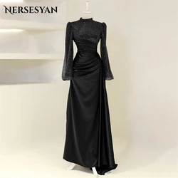 Nersesyan Glitter Solid Formal Evening Dresses High Neck Pleats Lantern Sleeves Prom Dresss Dubai Sparkly Wedding Party Gowns