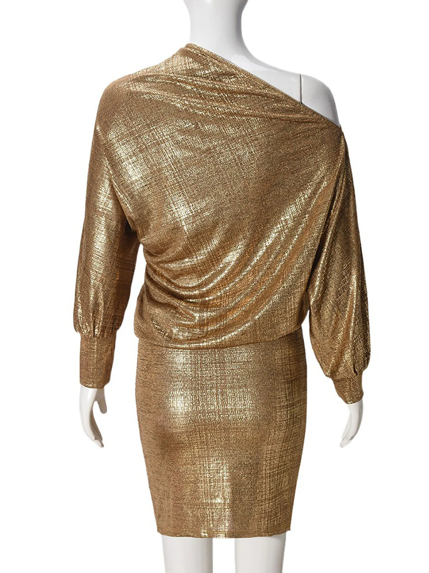 Women Shiny Metallic Pullover Bodycon Mini Dress Off The Shoulder Long Sleeve Natural Drape Dress for Banquet Wedding Party Rave