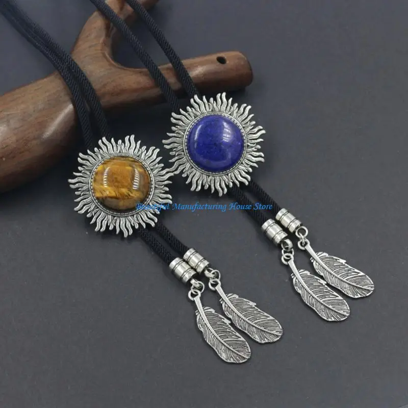 E56A Elegant Bolo Tie with Stone Pendant Carved Necktie Western Necklace Cool Bolo Tie Western Cowboy Costume