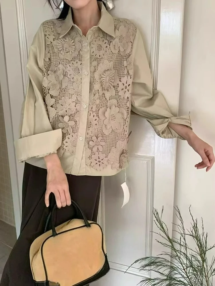 

Shirt Women's Lace Patchwork Embroidered Flower 2025 Autumn New Style Fashion Korean Long Sleeved Top
