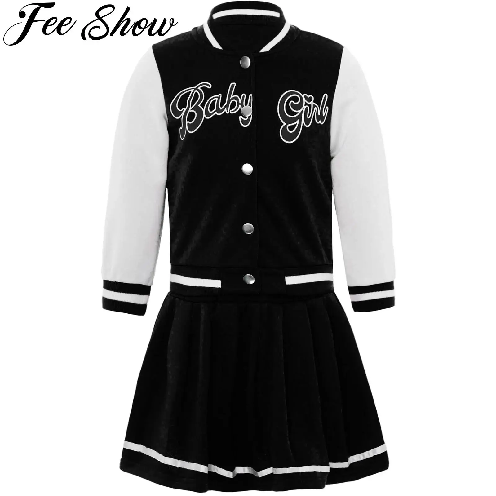 

Kids Girls Baseball Jacket Skirt Set Long Sleeve Button Front Patched Coat Pleated Skirts Spring Fall Casual School Sport Outfit