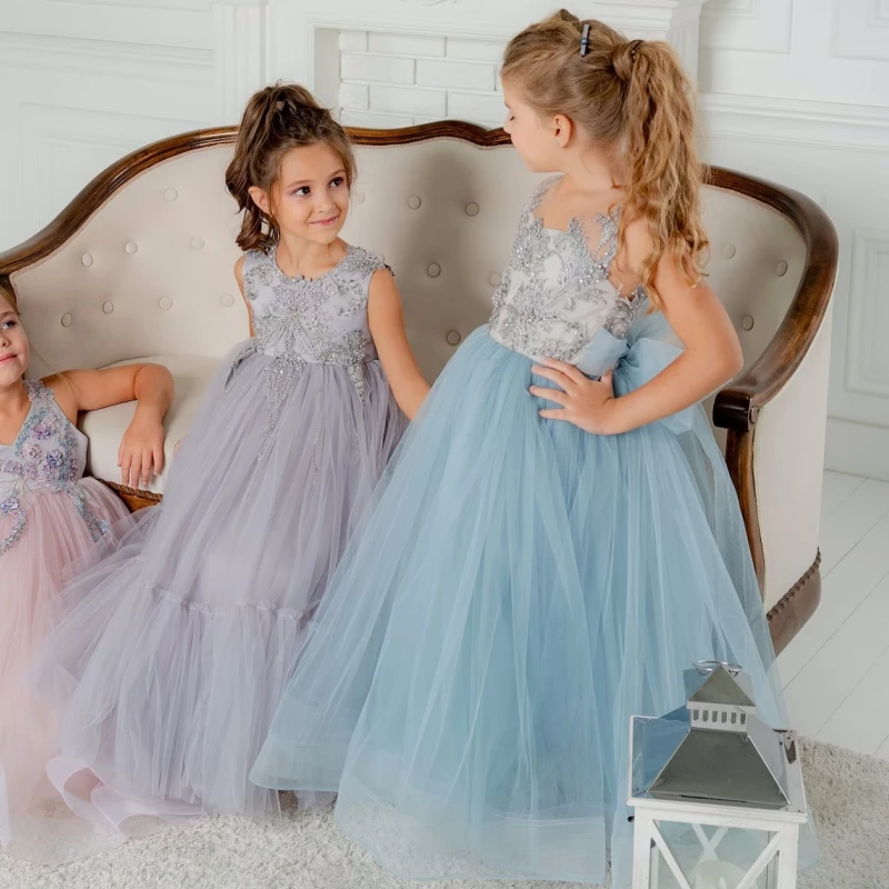 Gray And Blue Flower Girl Dresses Tulle Puffy Appliques Sleeveless For Wedding Birthday Party First Communion Gowns