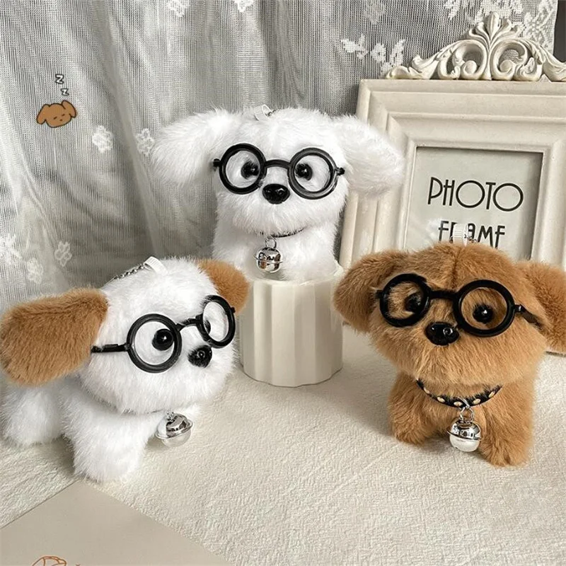 

1PCS 9CM Cute Glasses Dog Plush Doll Keychain Pendant Creative Bell Puppy Doll Couple Backpack Hanging Decoration