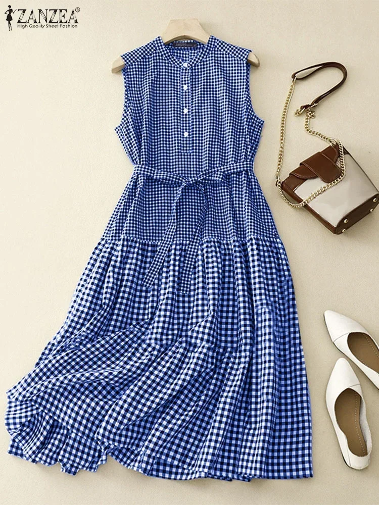 ZANZEA 2025 femmes été longue robe mode col rond sans manches Plaid robes vacances plage ceinturée une ligne décontracté Midi robe d'été