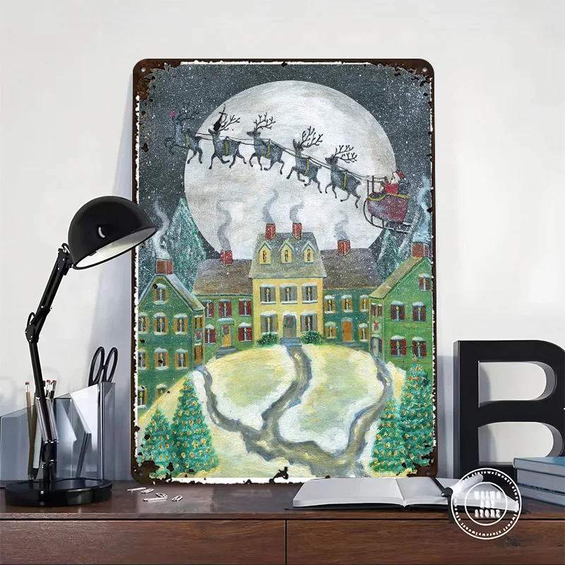 Santa's Sleigh Over Snowy Village 3D Printed Texture Poster Personalized Wall Art Retro Metal Tin Signs for Home Decoration Room