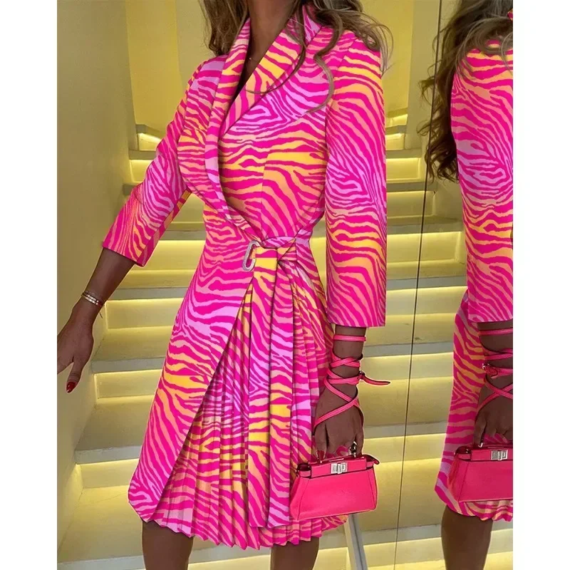 Women's Autumn Elegant Commuter Flip Collar Fashion Print Dress Ladies Casual Middle Sleeve Tie Up Waist Folding Women's Dress