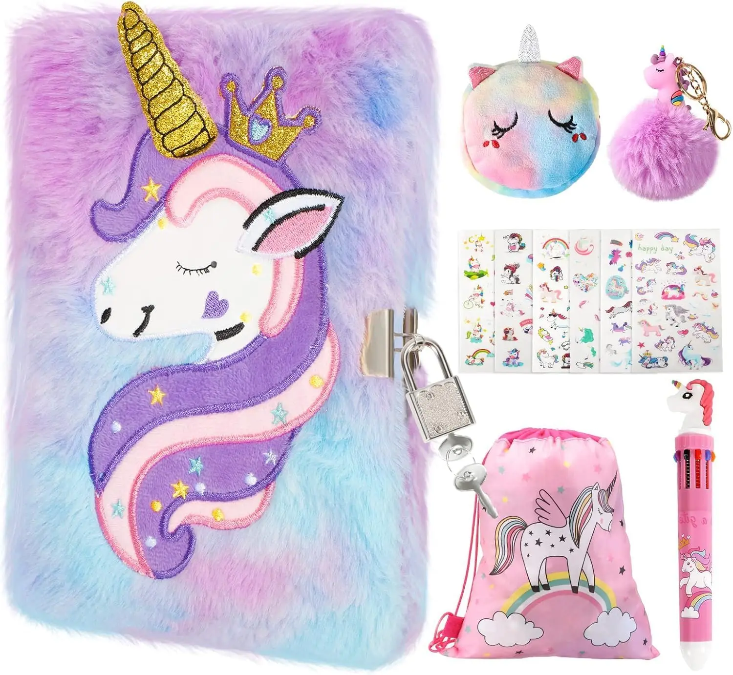

Unicorn Lock Diary for Girls, Tie-Dye Fuzzy Hardcover Journal with 160 Pages, Cute Stationery Gift Ages 6+