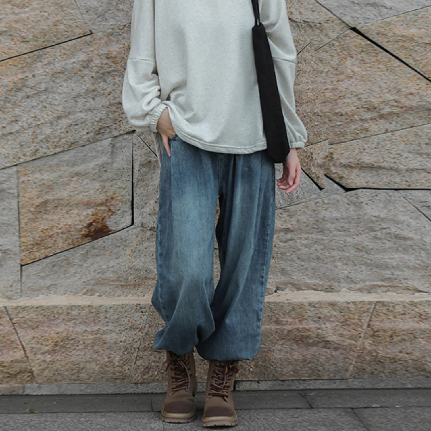 

LZJN Retro Blue Jeans All Match Straight Slacks Casual Slacks Loose Tight Fashion Women's Slacks To Make Old Pants