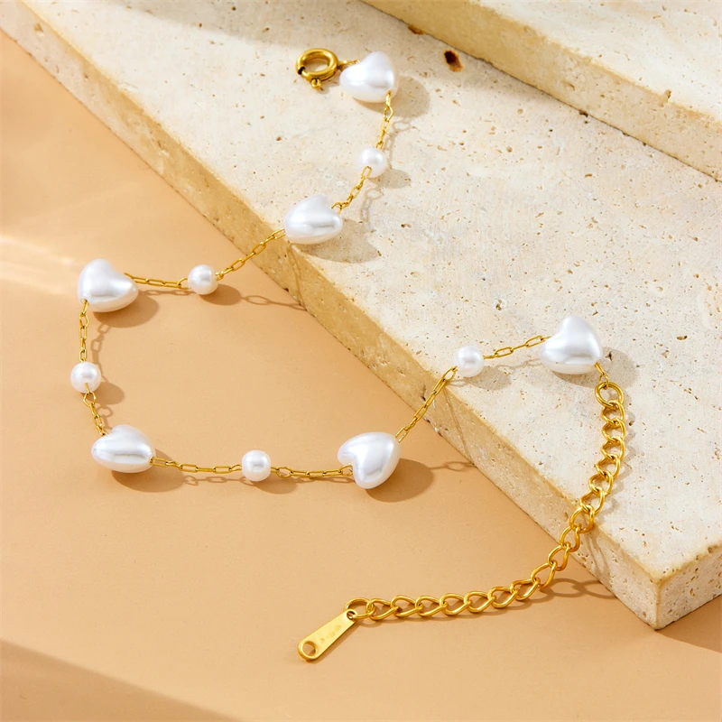 DIEYURO 316L Stainless Steel White Irregular Heart Pearls Necklace Bracelet Women New Trend Golden Love Non-fading Jewelry Set